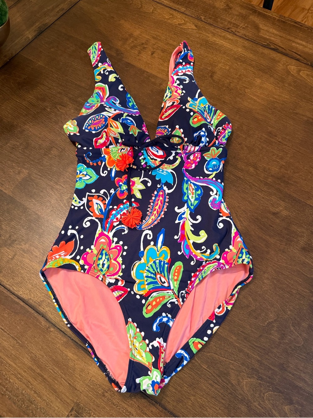 Anne Cole Navy Floral Paisley One-Piece Swimsuit with Coral Lining